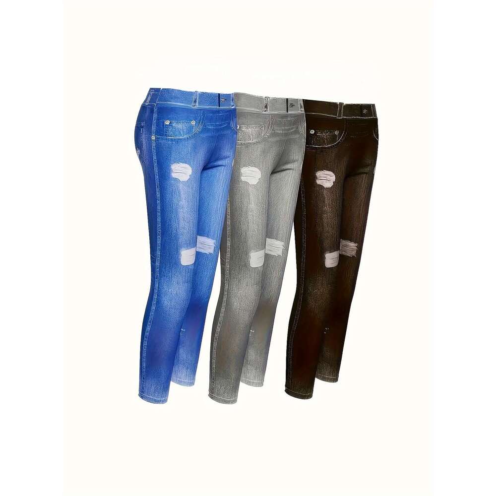 3Pcs Women's High-Stretch Faux Denim Print Leggings - Perfect For Running, Yoga & Workouts