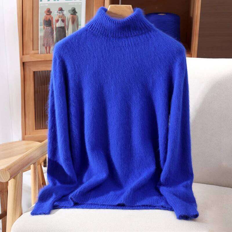 New Women's 100% Mink Cashmere Pullover Long Sleeved Knitted Sweater Autumn Winter Bright Color High-End Loose Tops