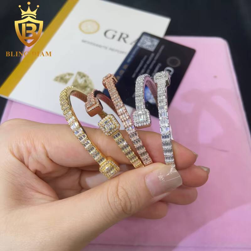 Hot Saling Pass Diamond Tester with GRA Fine Jewelry Bangles 925 Sterling Silver Iced Out VVS1 Moissanite Hip Hop Style Bracelet