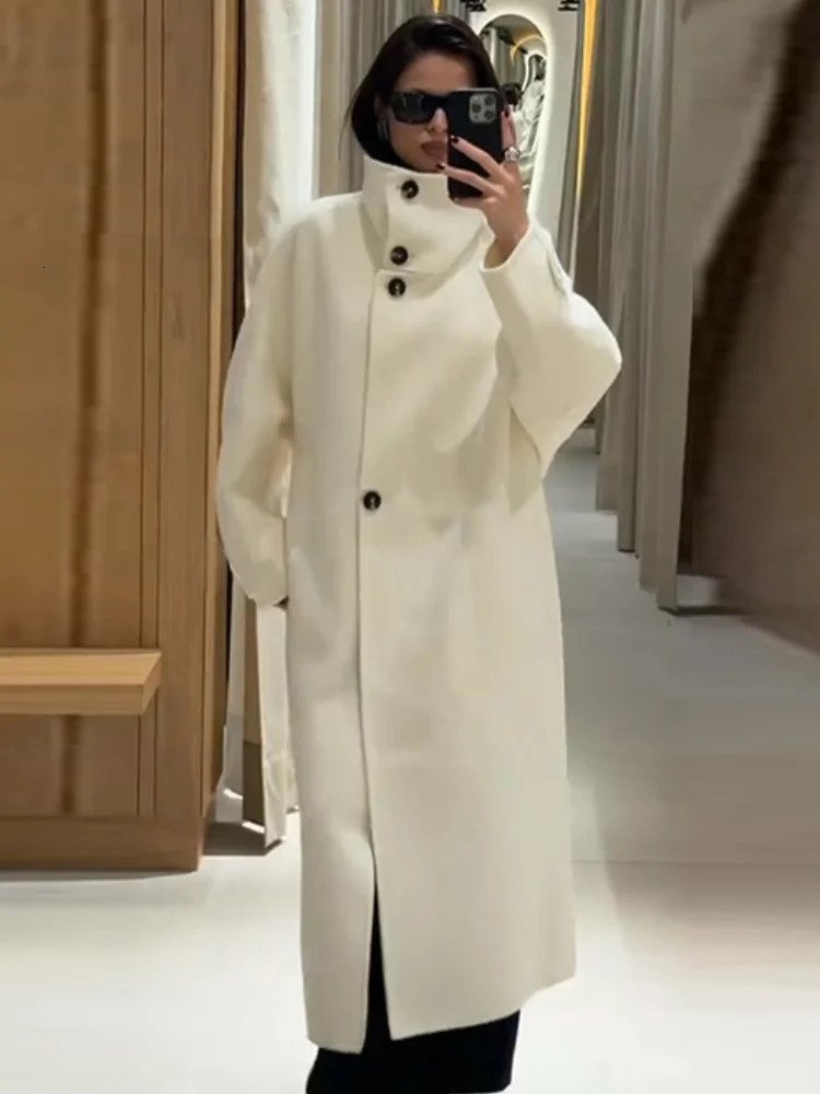 Cream Funnel Neck DoubleBreasted Wool Coat Oversize Slouchy Long Sleeve Elegant Women Outerwear Warm Office Lady Overcoat 251028