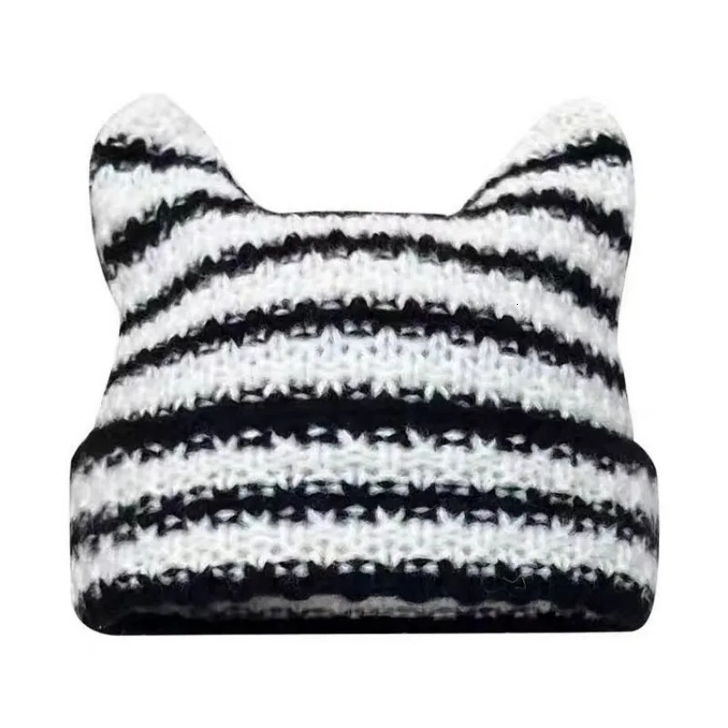 Japanese Streetwear Harajuku Beanie Little Devil Striped Knitted Hat Women Girls Autumn Winter Cute Cat Ears Cap 251029