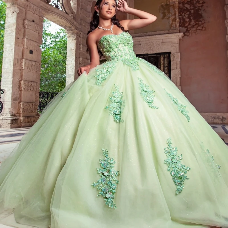 Green Ball Gown Quinceanera Dresses Off The Shoulder Applique Lace Beads Bow Tull Party Birthday Sweet 16 Dress Vestidos 15 De