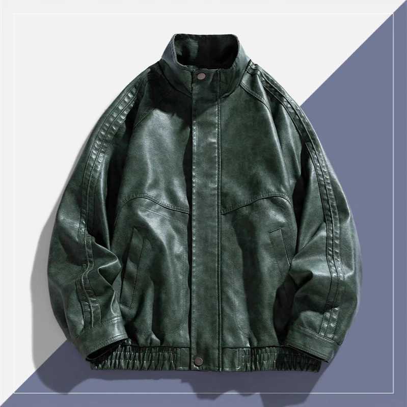 Autumn Man Leather Jacket Streetwear Motorcycle Punk Male Outerwear Stand Collar Long Sleeve Zipper Oversize Men Bomber CoatT251029