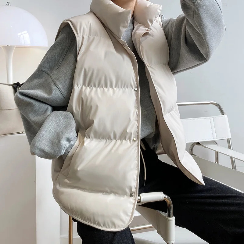 2025 Women Vest Coat Stand Collar Winter Women Warm Coat Oversize Tops Beige Vest Chaleco Mujer Gilet Casaco Feminino 251029