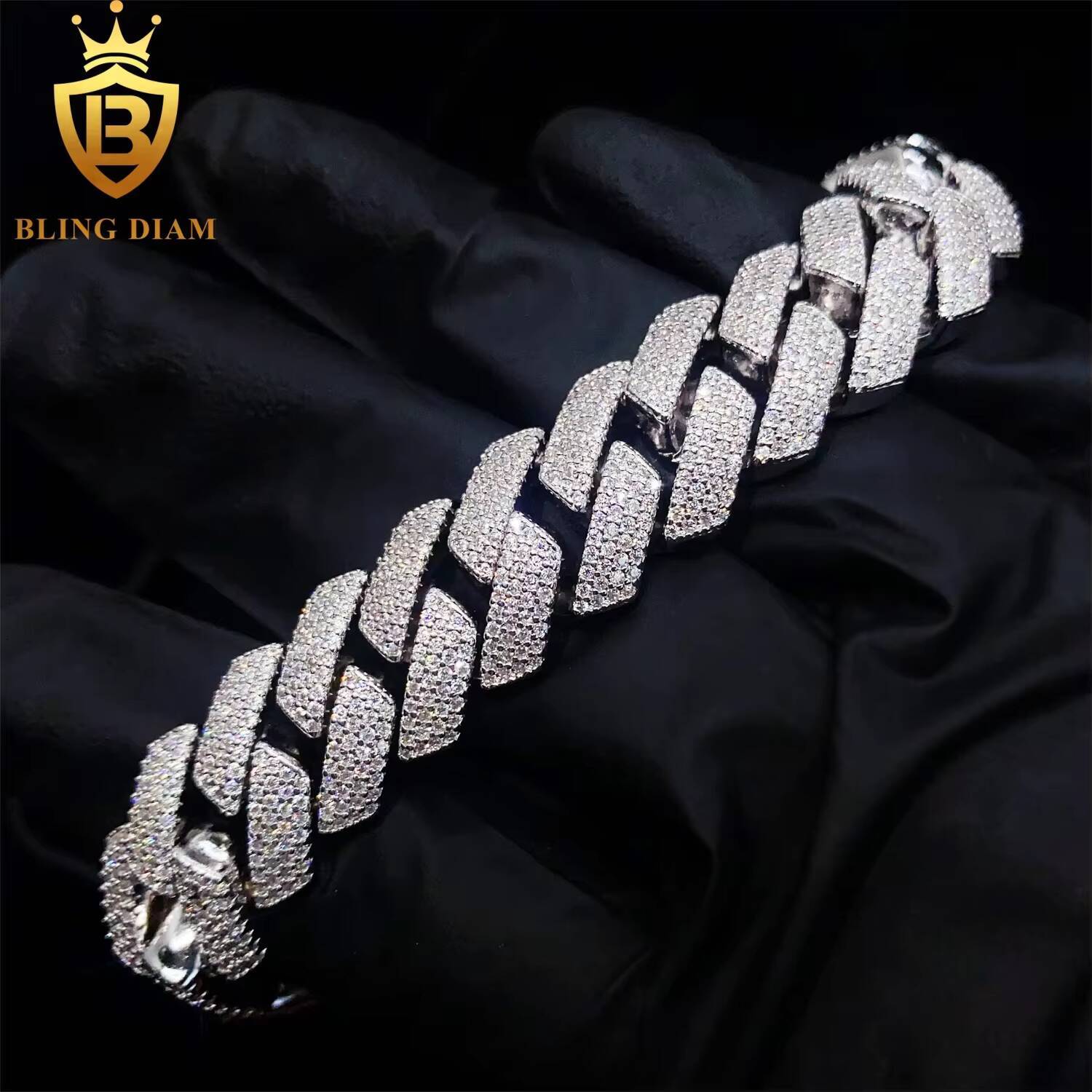 Stylish 925 Silver Cuban Link Bracelet with 15MM Diamonds for Wholesale Factory Bracelet Men