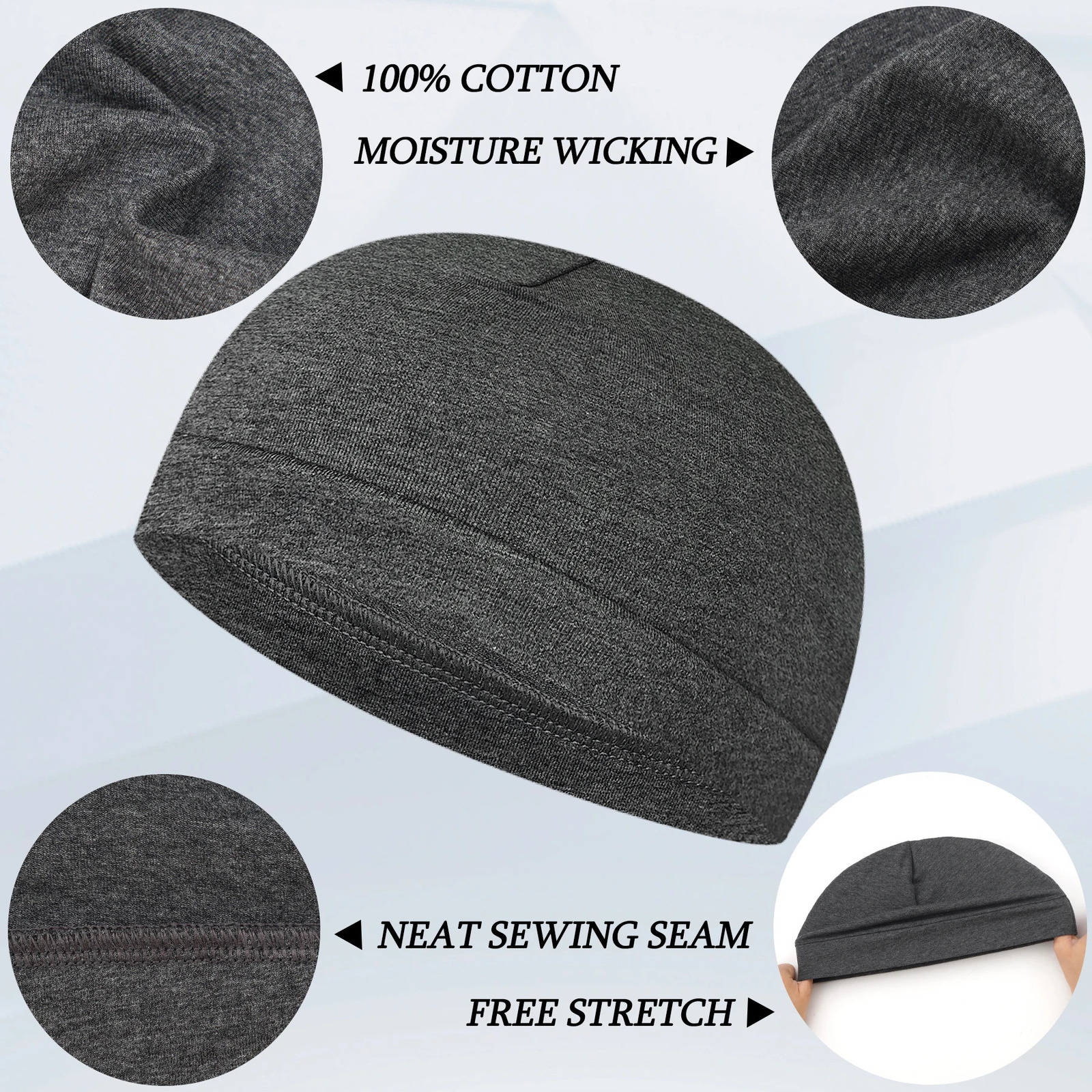 3Pack Unisex Skull Caps Cotton or 75 Nylon25 Spandex Beanies SweatWicking Lightweight for Running Cycling Sleep Mult 251013