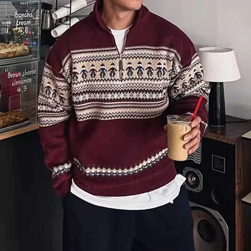 2025 Fall Winter New Casual Mens Knit Jumpers Vintage Pattern Print Knitting Sweater Tops Men Fashionable Lapel Zipper Sweater J2510291