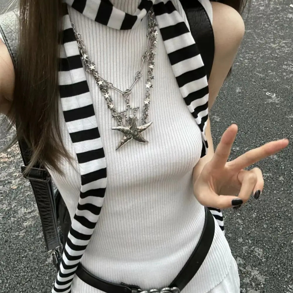 Women Harajuku Cotton Scarves Y2k Black Grey Stripe Long Scarves 180cm Thin Long Decorative Neckerchief Fashion Streetwear 251029