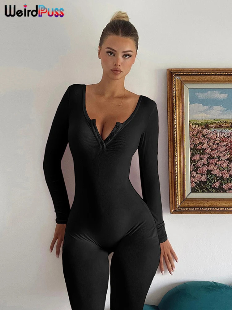 Weird Puss Fitness Button LowNeck Casual Jumpsuit Women Autumn Fashion Ribbed Stretch Full Sleeve Basic BodyShaping Overalls 251029