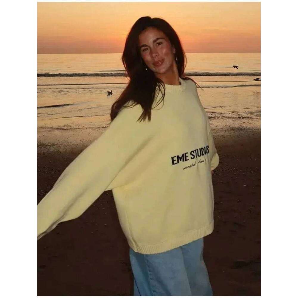 Autumn Solid Letter Print Knitted Sweater Casual O-Neck Loose Thick Pullover Women Warm Knitwear Streetwear New