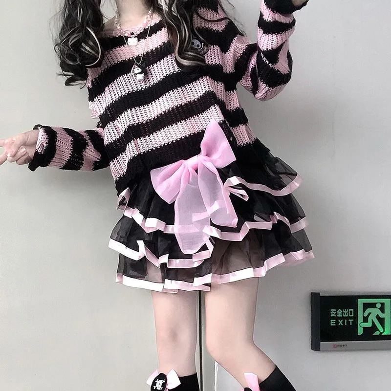 Karrram Pink Striped Gothic Sweaters Women Ripped Holes Loose Knitted Pullover Frayed Fairy Grunge Jumpers Emo Streetwear Lolita 251029