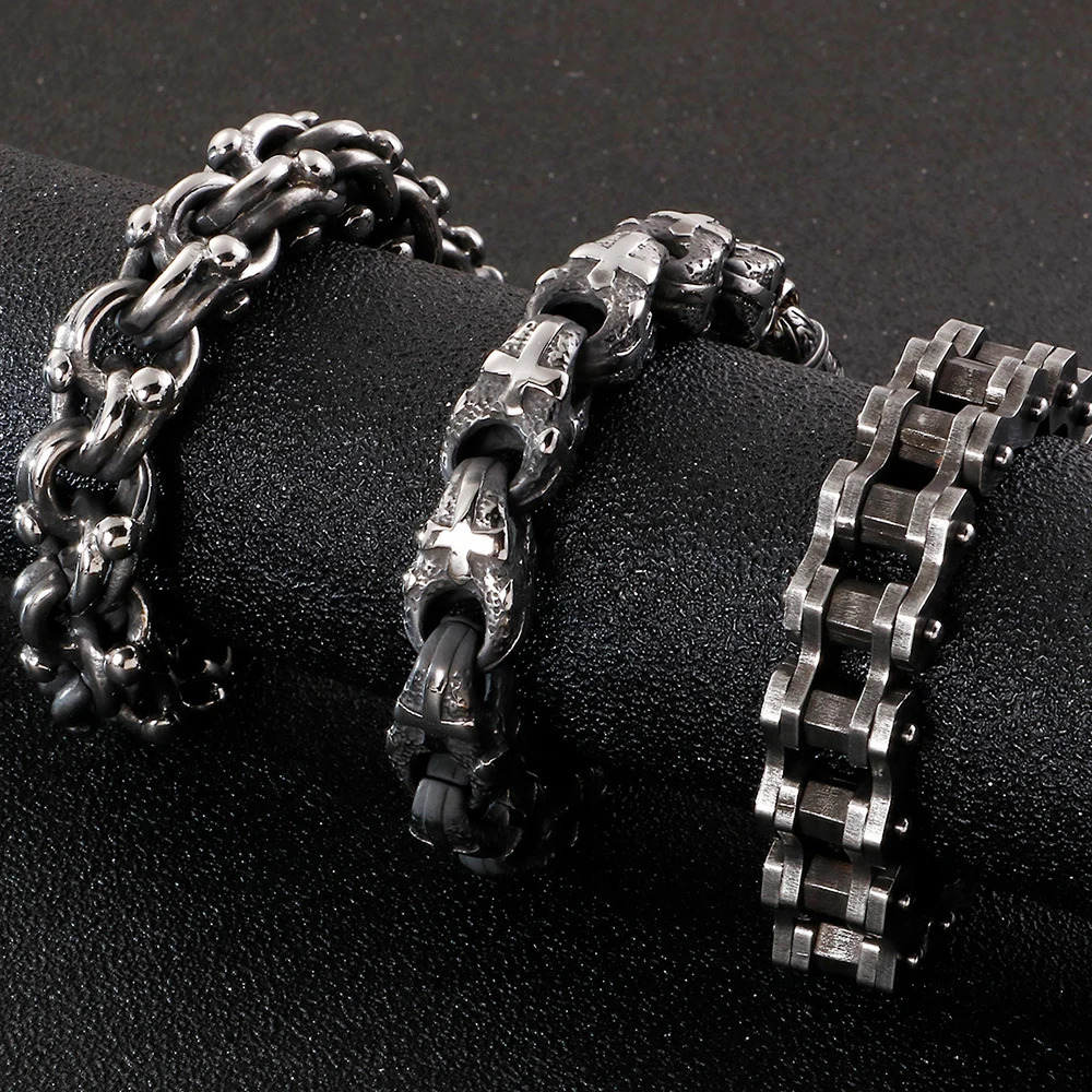 Heavy Stainless Steel Cross Bracelet Men 23CM Long 1M Wide Bicycle Chain Mens Bracelets Accessories Vintage Biker Jewelry 251028