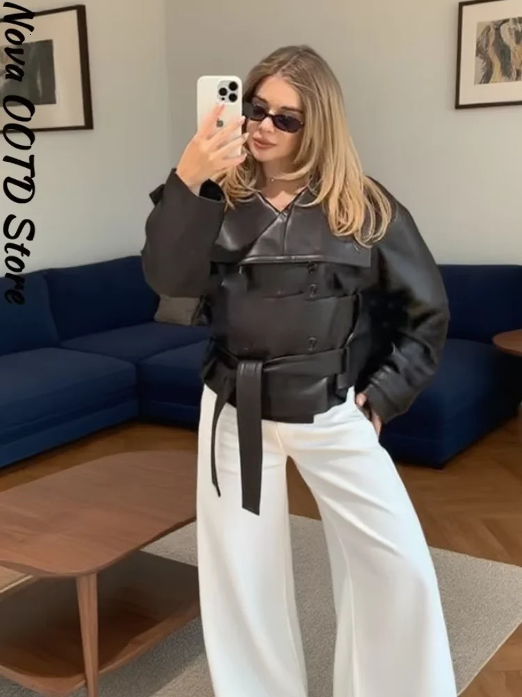Street Belt Cropped Leather Jackets Women Stand Collar Double Breasted Pockets Long Sleeve Coats 2025 Autumn Lady Chic Outwear 251029