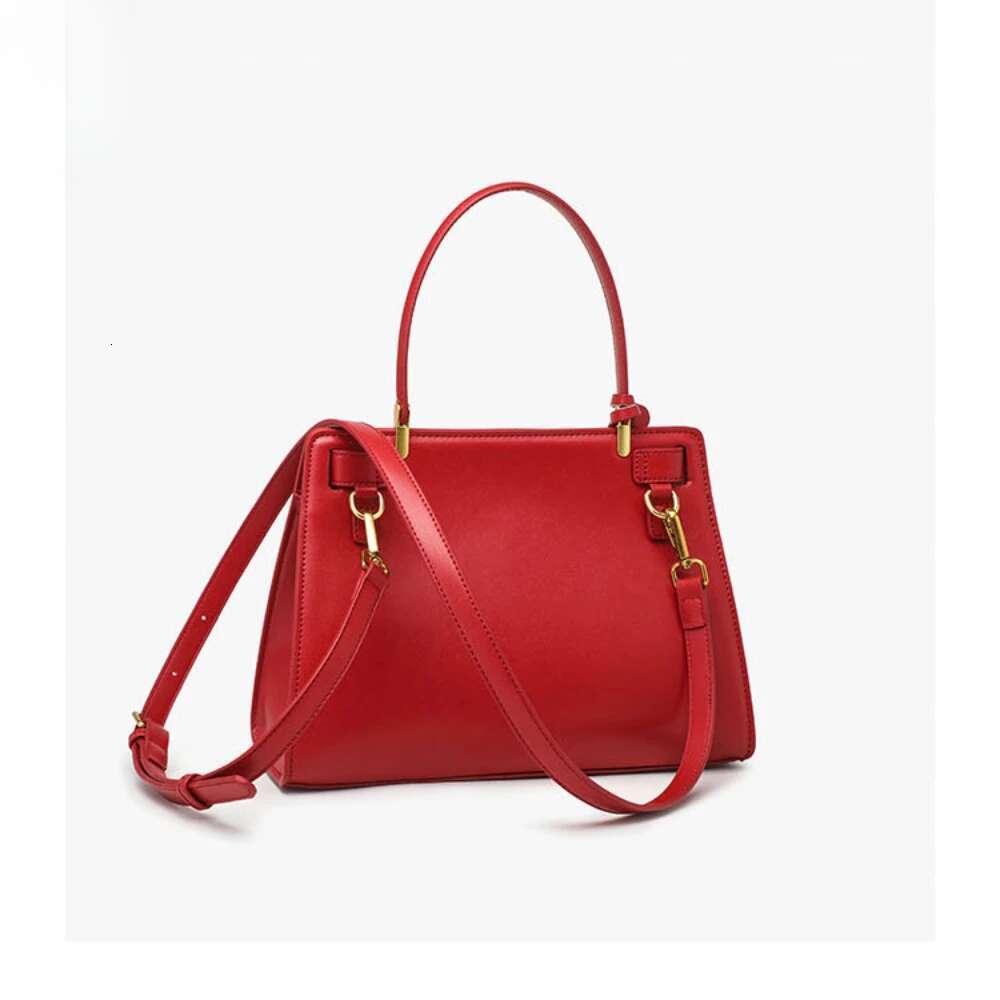 Fashion Chinese Red Dress Style Bride Tote Split Leather Women Shoulder Bag All match Commuter Office Ladies Handbag