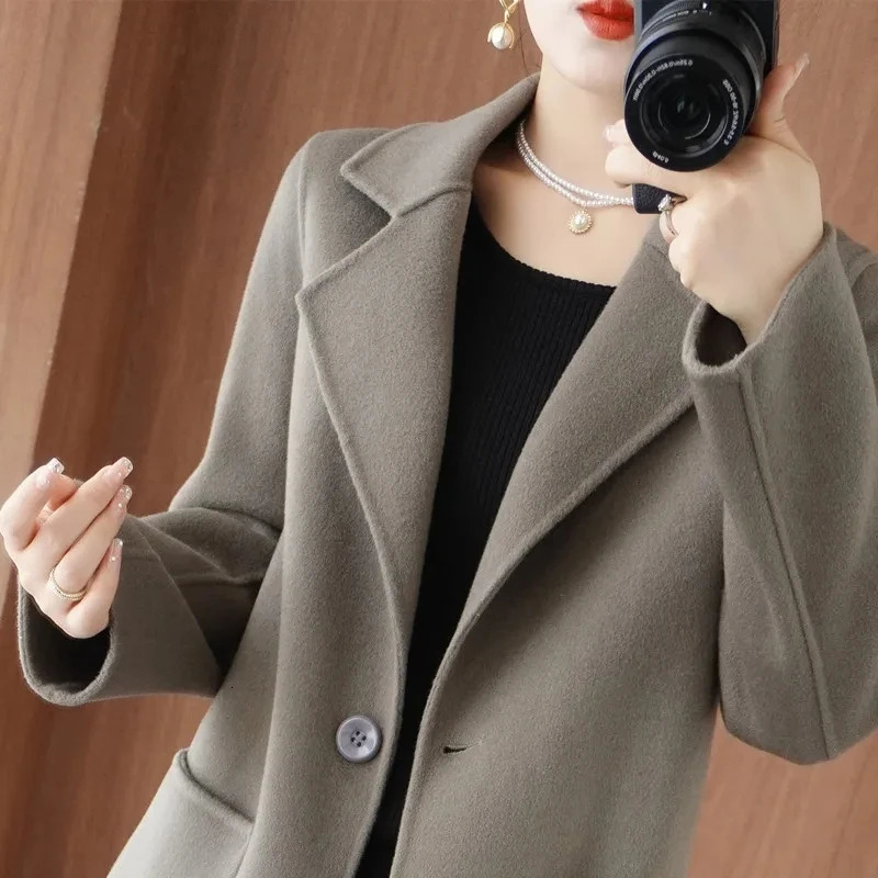 100 Pure Wool DoubleSided Cashmere Jacket Women Overcoat Autumn Winter MidLength OneButton Slim Wool Windbreakers coat 251029