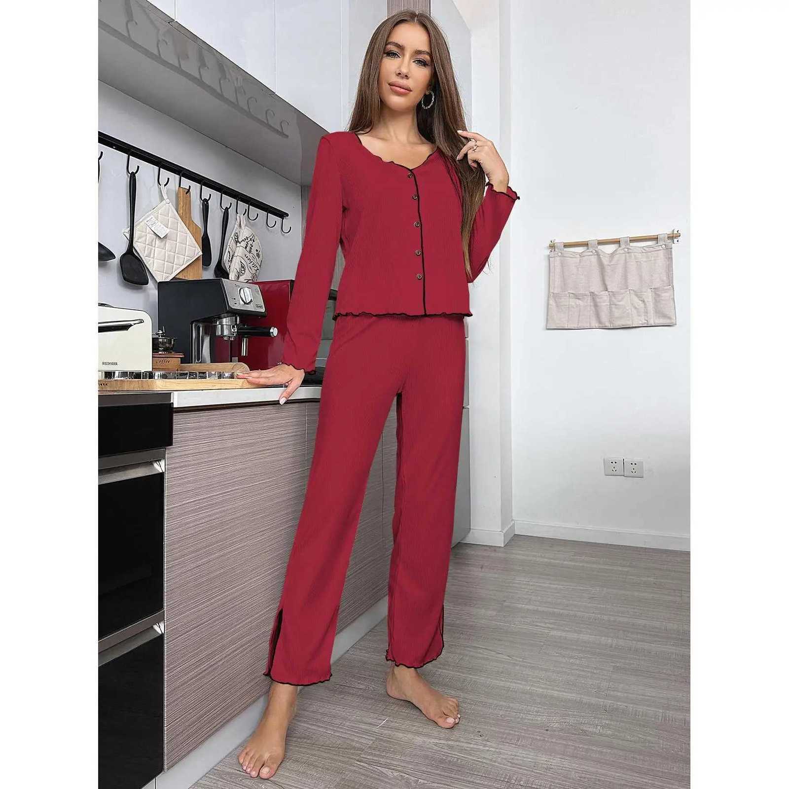 Europe hotselling womens pajamas set autumn and winter pit strip cardigan longsleeved trousers loungewear setT251029