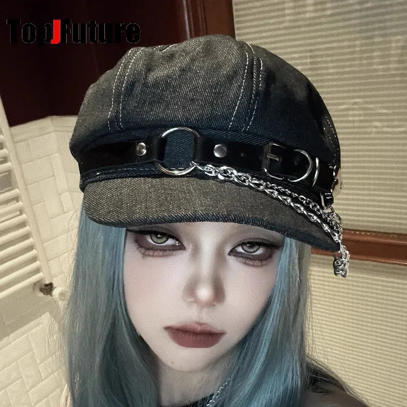 Womens Mens Harajuku Gothic Lolita Beret Hat Y2k Girls Punk Grunge Chic Streetwear Accessories Caps sboy Cap 251029