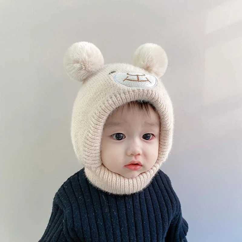 Pompom Baby Ear Protection Cap Cute Bear Kids Hooded Beanies 636Month Winter Warm Woolen Knitted Hat Children Neck Collar Scarf251028