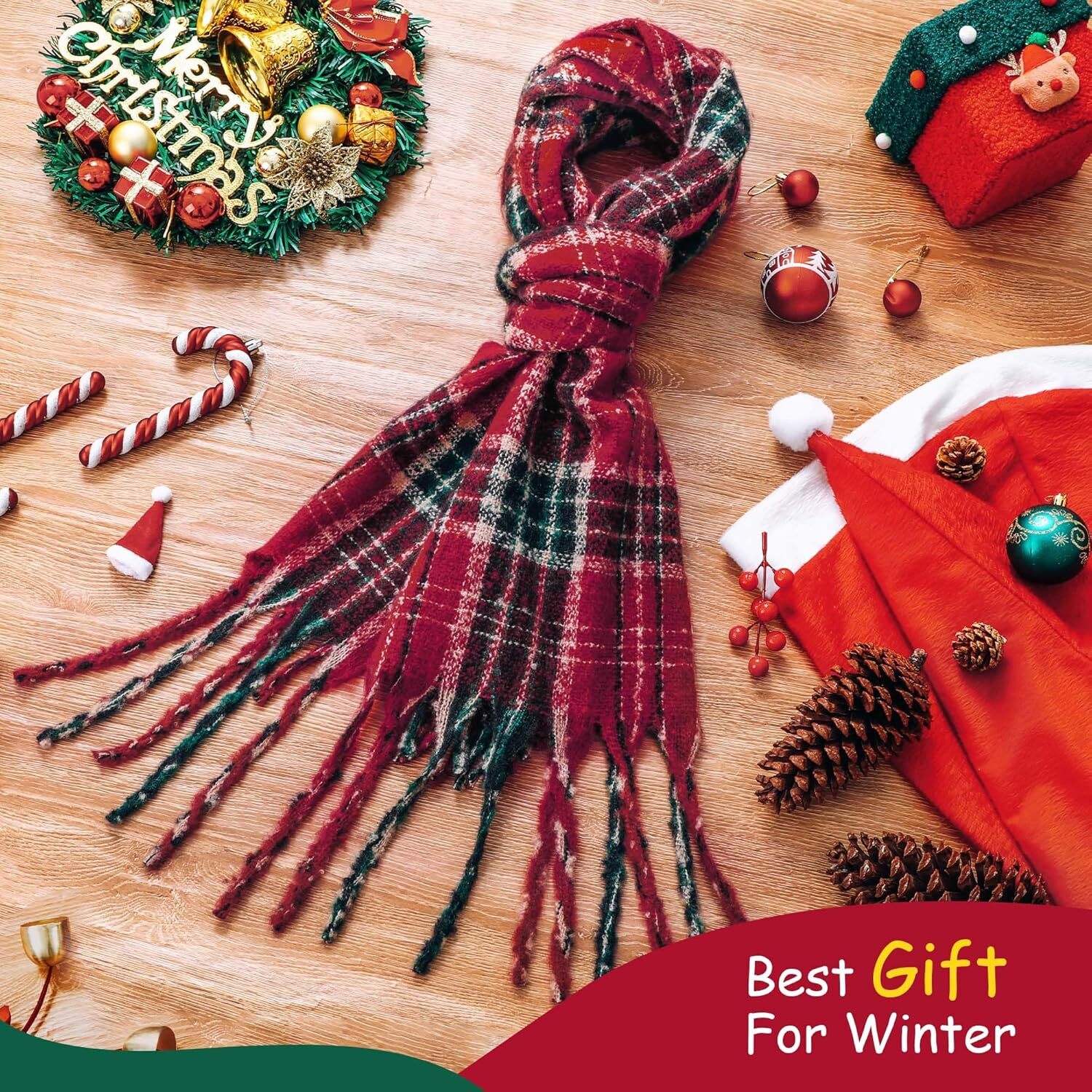 Custom Christmas Winter Checkered with Fringe, Soft Green Red Scarf for Women Men Fashion Tartan Gift Xmas Decor