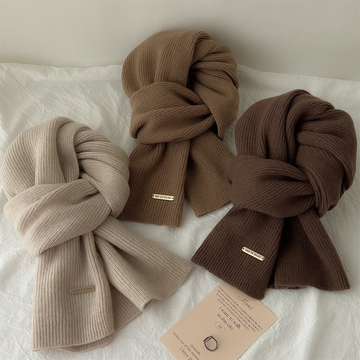 Scarf female winter new wool knit solid color small scarf tide thick warm all match long neck 2025