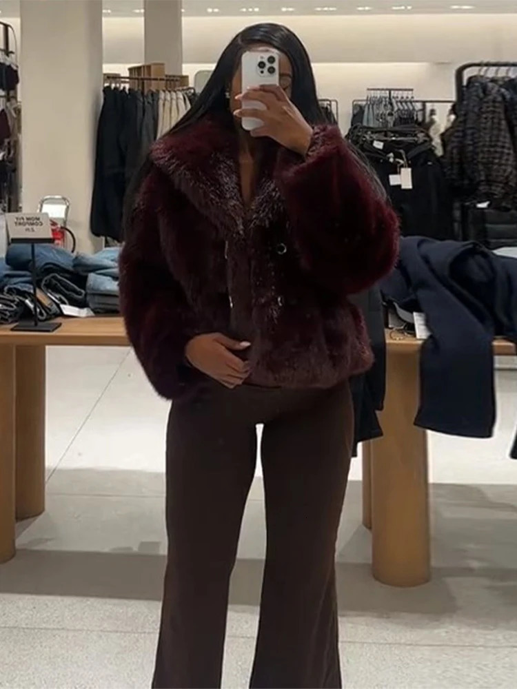 Elegant Burgundy Red Fur Coat Women Loose Warm Lapel Lace Up Full Sleeve Coats Female Chic Thicken Belt Winter Outwear Lady 251029