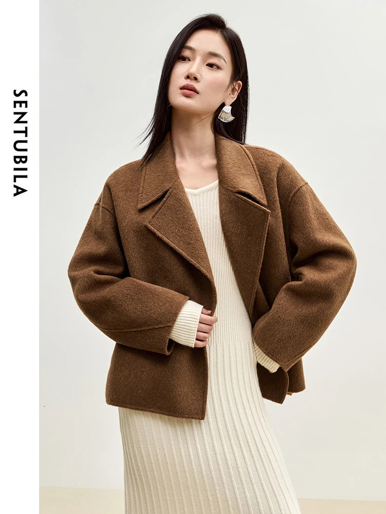 SENTUBILA Winter Short Woolen Jackets Women Outerwear Fashion Notched Collar Double Breasted Loose Coats Female W44O56123 251028