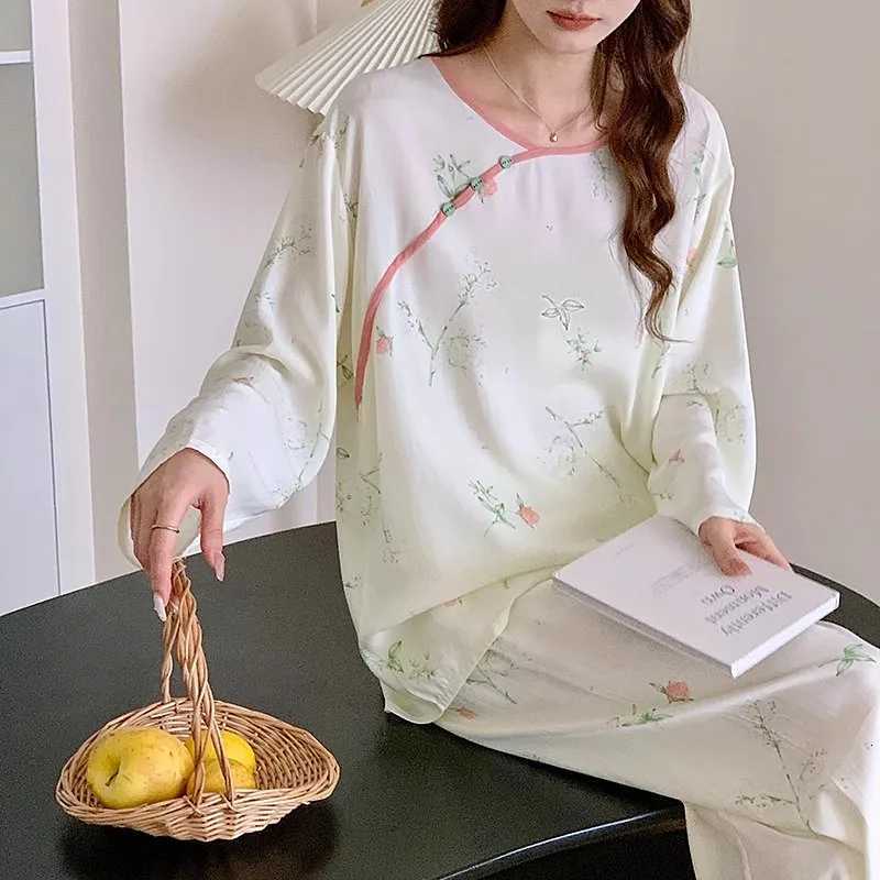 Fashion Pajamas For Women Spring Fall Cotton Home Clothes Chinese Style Twopiece Set Long Sleeve Pant Pyjamas Femme SuitT251029