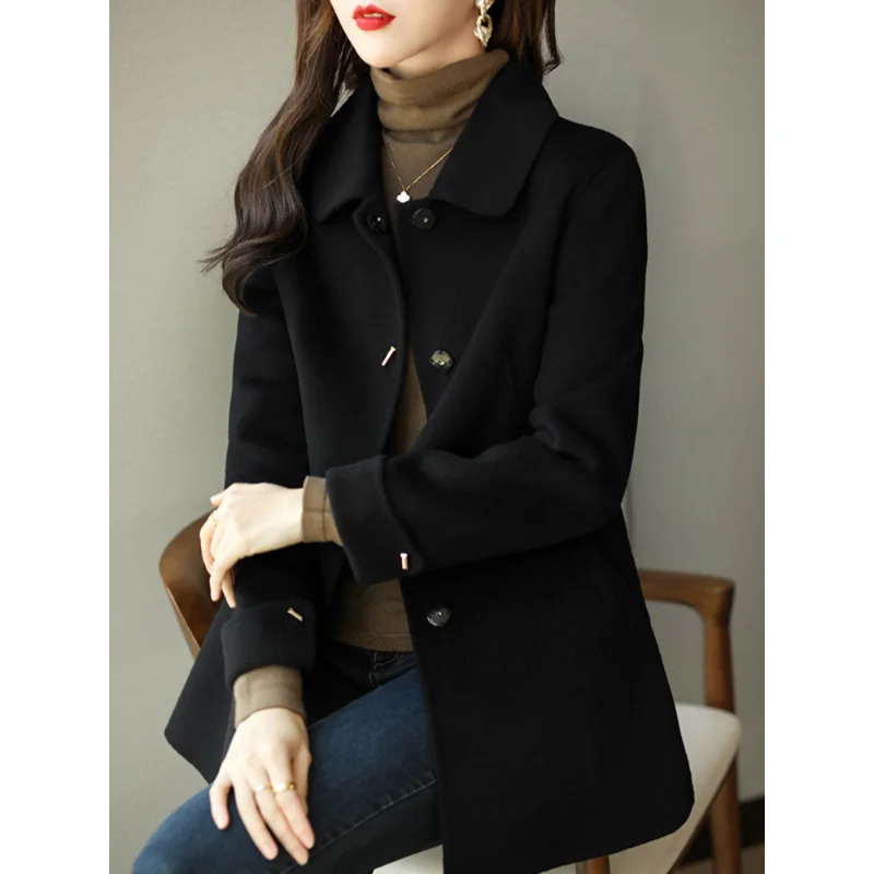 Woolen Coat Slim Fashion Office Lady Square Collar Single Breasted Winter Coats for Women Widewaisted Pocket Black Coat 251029