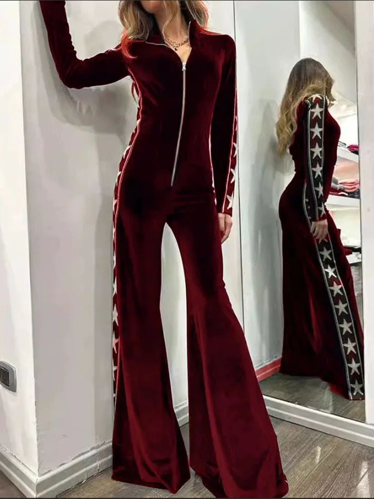 Spring Elegant Print Splicing Playsuits Autumn Fashion Lapel Vneck Velvet Jumpsuit Womens Casual Long Sleeve Slim Romper 251028
