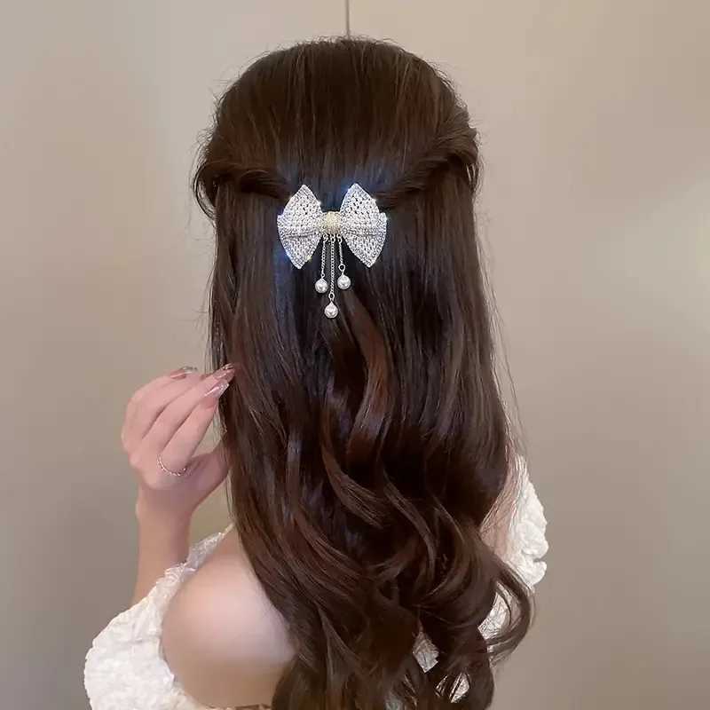 Elegant small hair with tassel design womens spring clip wide pearl rhinestone hair clip hair accessoryW251028