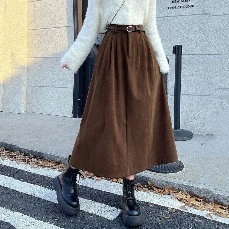Vintage Corduroy Long Skirt Women Autumn Winter High Waist Pleated Skirts 3 Colors Warm Mini Dress Korean A Line Midi Y2k Skirt 251028