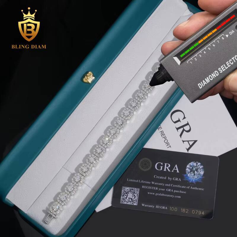 Hip Hop High Quality Fashion 10mm 925 Sterling Silver Moissanite Cluster Tennis Chain Cuban Bracelet