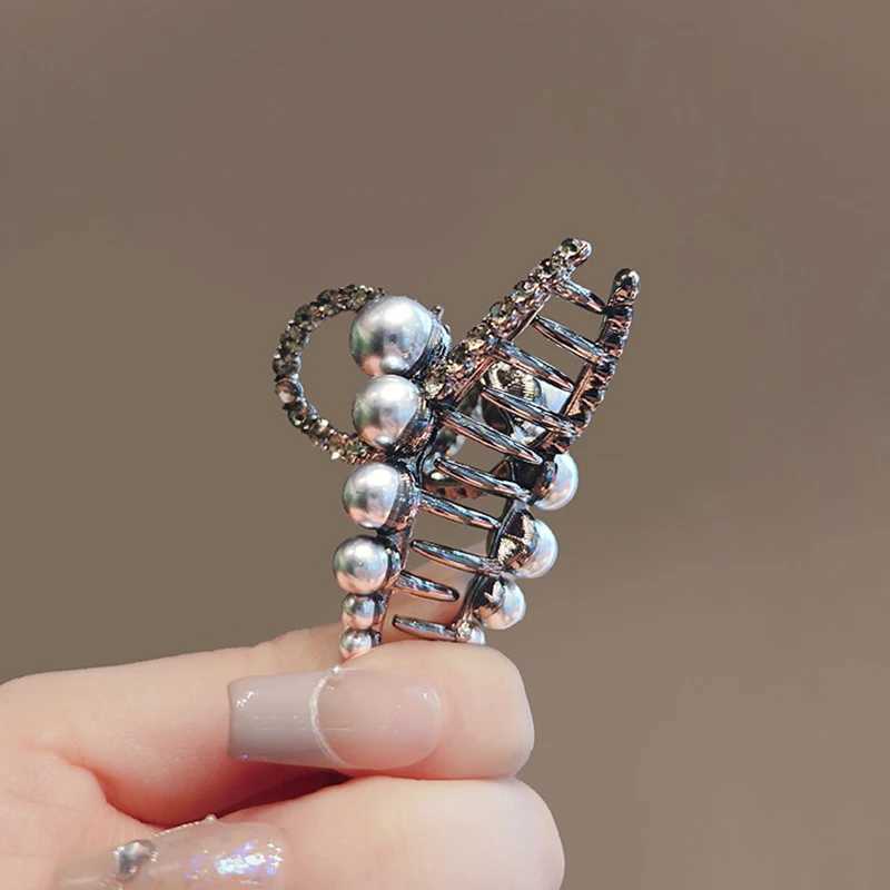 Temperament Pearl Rhinestone Small Geometric Hairpin Black Color Simple Back Head Halftied Hair Clip Summer Womens HeadwearW251028
