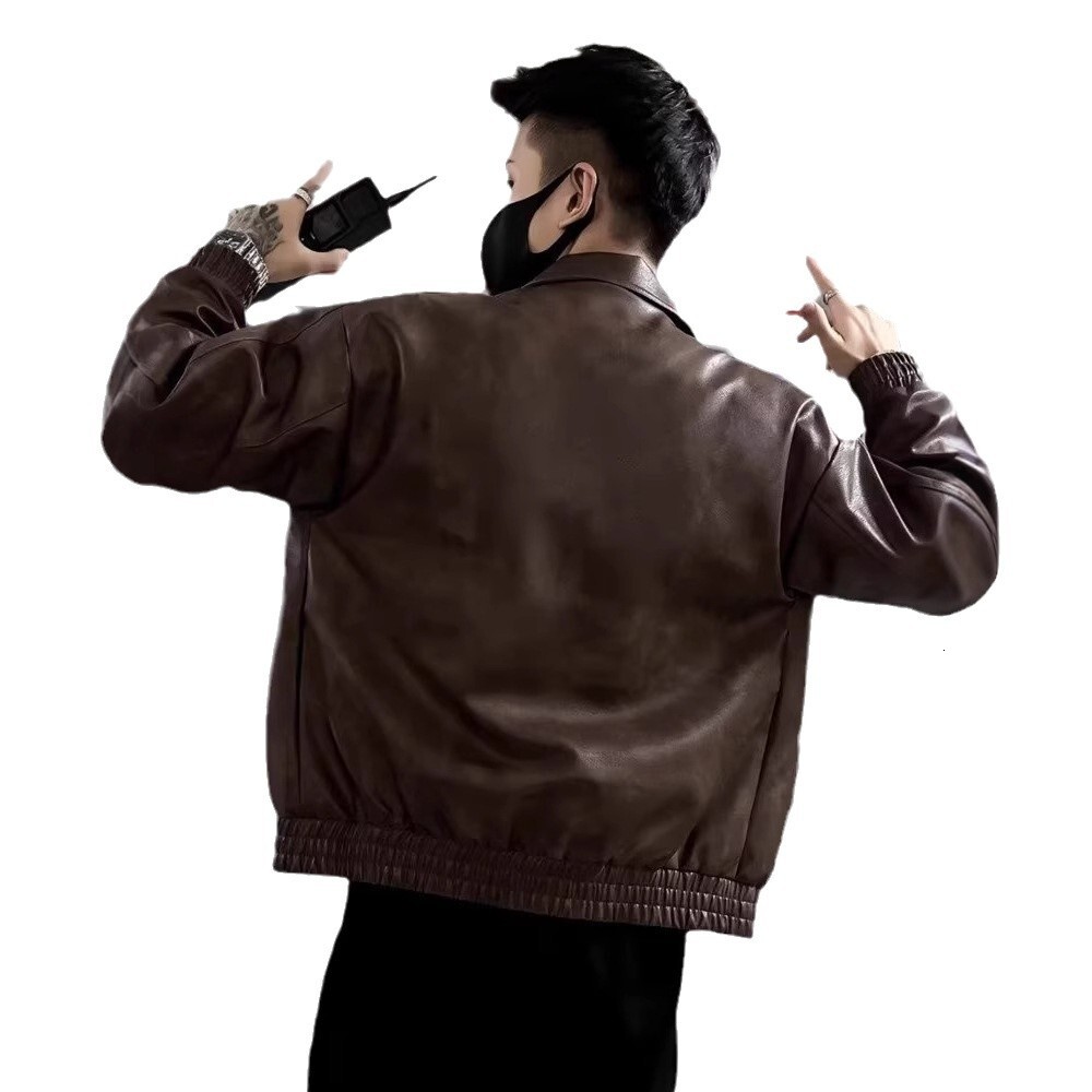 American Style Men's Leather Jacket Designer Jacket Spring Autumn Fashion Trendy Brand Cool Versatile Turn-down Collar Jacket New Men's Shor
