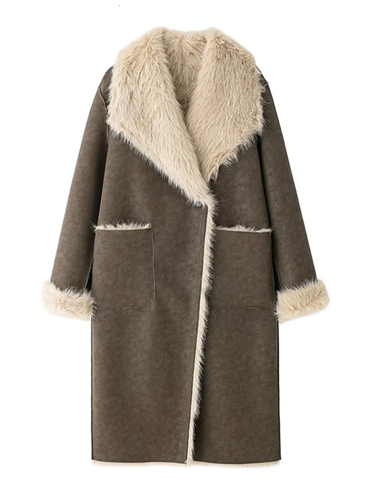 Double Sided Woolen Long Coat Fur Leather Patchwork Warm Thicken Lapel Wear On Both Sides Overcoat Women Fluffy Outwear Top 251028