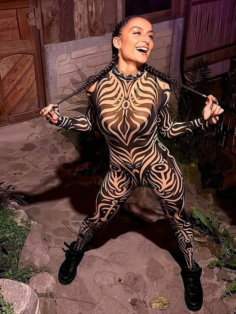 kliou Aesthetic Printed Women Jumpsuits Sexy Hipster Long Sleeve Stand Collar Bodyshaping Overalls Female Attractive Clubwear 251029