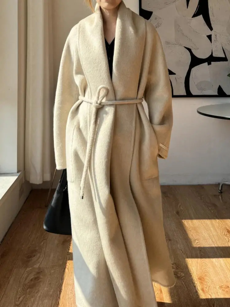 Office Lady Alpaca Woolen Jackets 2025 Fall And Winter Bathrobe Style Yarry Collar LaceUp Tie Loose Womens Long Wool Coats 251029