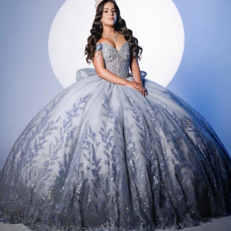 Light Gray Shiny Ball Gown Quinceanera Dresses Off The Shoulder Sequin Applique Lace Bow Tull Beads Party Birthday Sweet 16 Dress