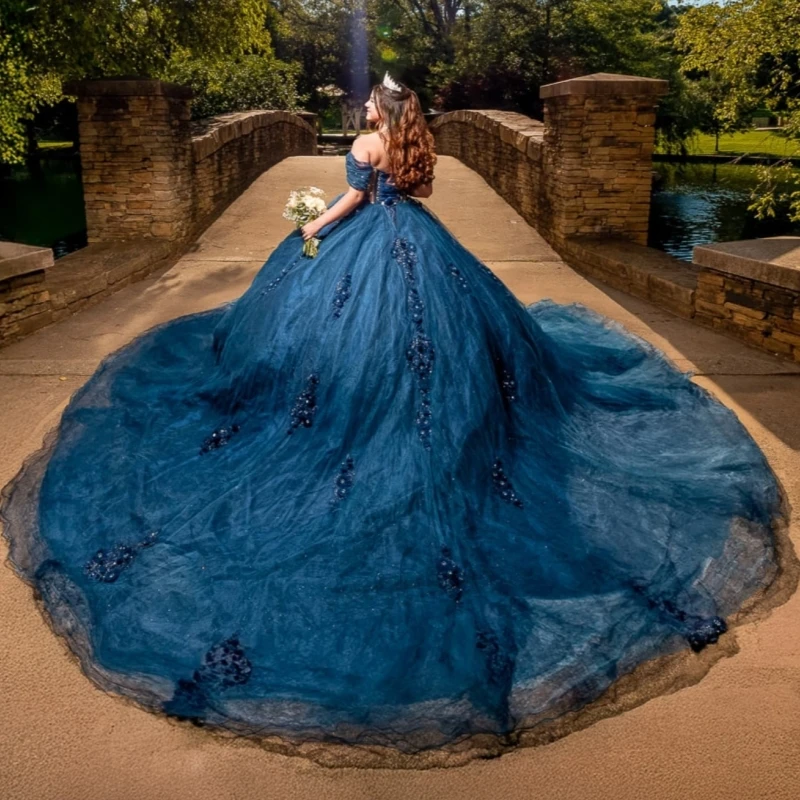 Navy Blue Shiny Princess Off the Shoulder Sweet 16 Dress Quinceanera Dresses Applique Flower Beading Tull Party Birthday Vestidos 15 Anos