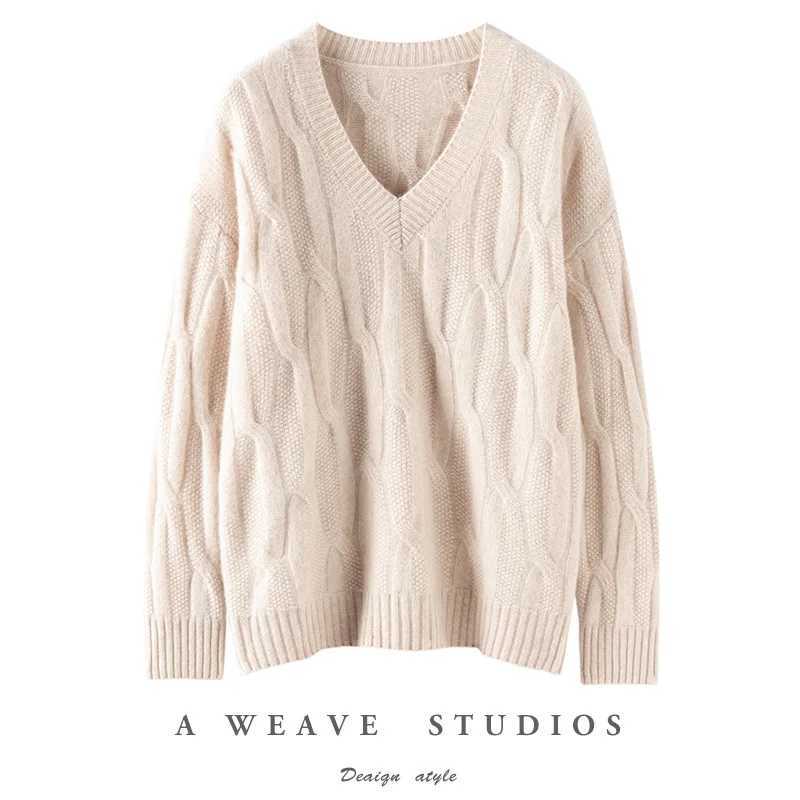 Ladies Loose Fit VNeck Knitted Wool Sweater Thick Lazy Style Australian Pure Wool Long Sleeve Autumn Winter New Arrival J251029