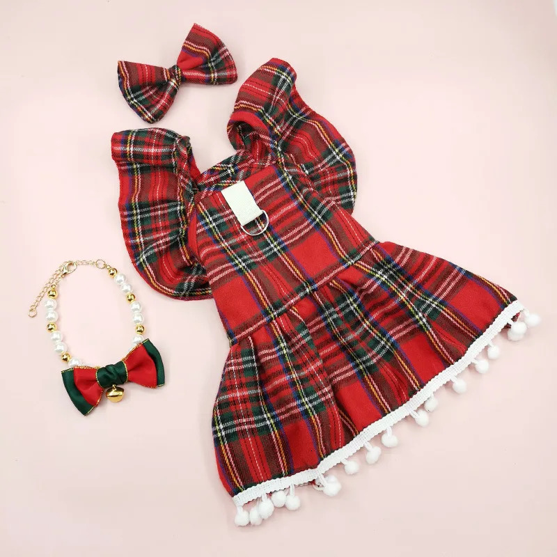 Christmas Dog Dresses Strap Autumn Winter Dog Clothing Skirt Cat Pet Clothing Cosplay Christmas Checker Clothes for Small Dog 251029