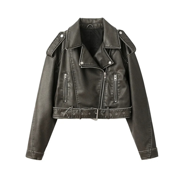 2025 Coal graysty le Womens washed leather jacket with belt short coat with downgraded zipper and vintage lapel jacket 251029