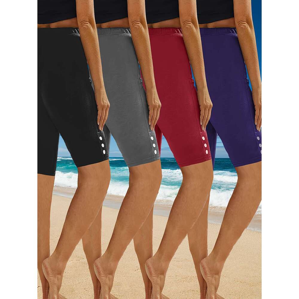 4pcs Plus Size Women'S High Waisted Shorts Stretchy, Button-Decorated, Casual Pants Fiess, Yoga, Running - Ideal for Everyday, Wear, Holiday Wear