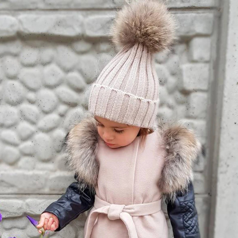 Big Fur Pom pom Beanie Hat Parent Kids Warm Knitted Winter Hats Baby Girls Boys Real Raccoon Fur pompom Beanies Cap 251029