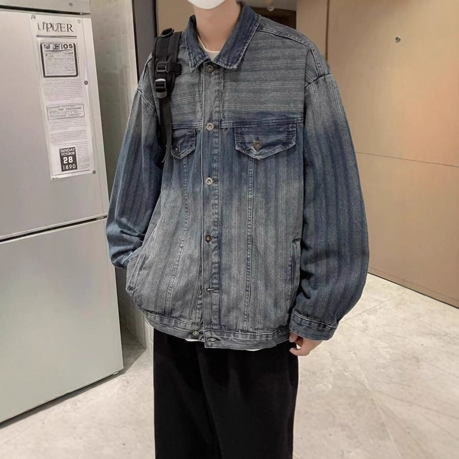 Spring And Autumn Designer Jacket Design Sense Niche Casual Trendy Loose Workwear Striped Denim Jacket Men's Top
