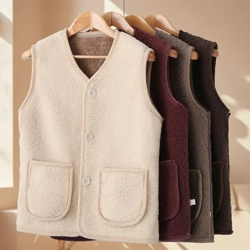 Lamb Wool Vest for Women Autumn Winter Fleece Quilted Waistcoat Thickened Warm Gilet for Elderly Outdoor Coat for Cold Weather 251029