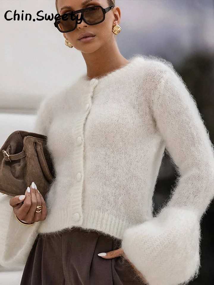 Chic Knitted Flare Sleeve Sweaters Women Loose Solid Oneck Single Breasted Sweater 2025 Autumn Winter Lady Allmatch KnitwearsT251028