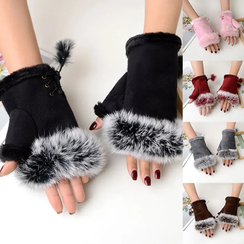 1 Pair Women Winter Warm Gloves Sexy Faux Rabbit Fur Hand Wrist Warmer Fingerless Gloves Suede Women Mittens Warm Wrist Gloves 251029