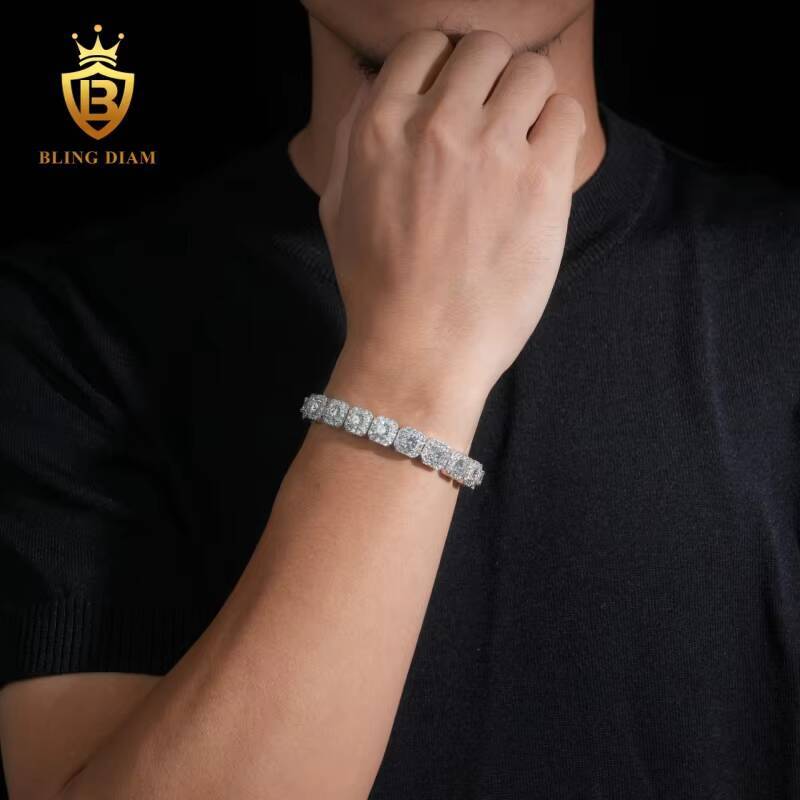 Hip Hop High Quality Fashion 10mm 925 Sterling Silver Moissanite Cluster Tennis Chain Cuban Bracelet