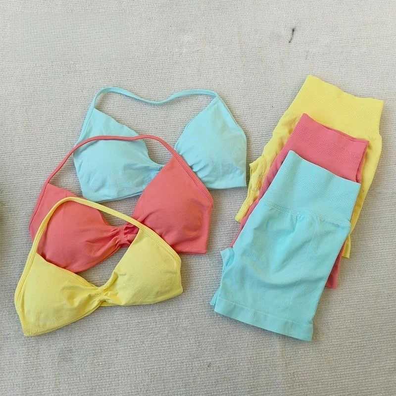 2PCS Yoga Fitness Suit Womens Seamless LaceUp Yoga Bra Top High Waist Workout Scratch Shorts Sports Suit Fitness SuitXJ251029